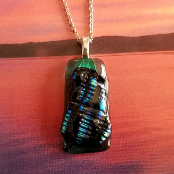handmade Jewelry - Relisted- Dichroic Glass necklace black blue green silver